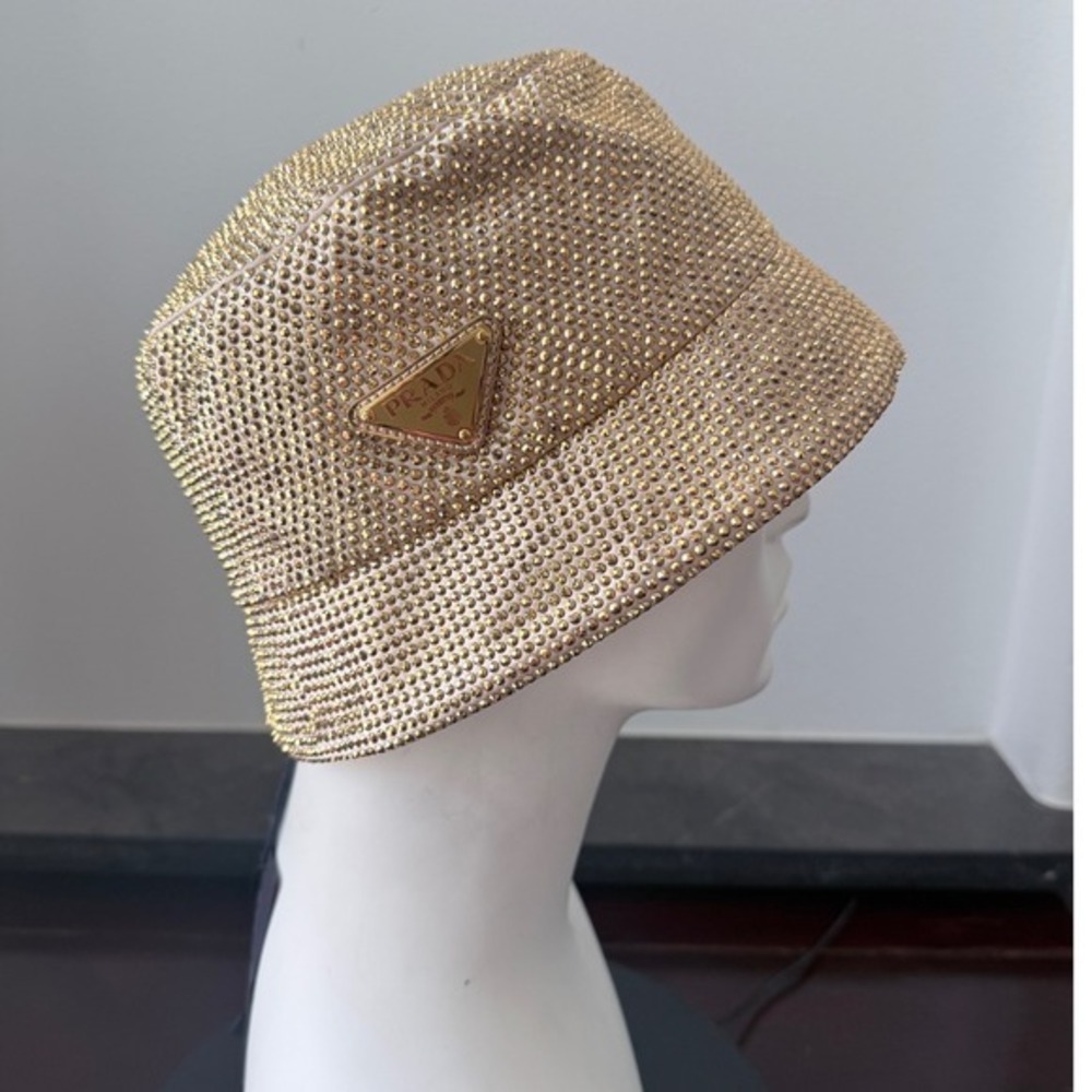 Prada Crystal Re-Nylon‎ Bucket Hat Platino Gold 1HC137 Medium NEW